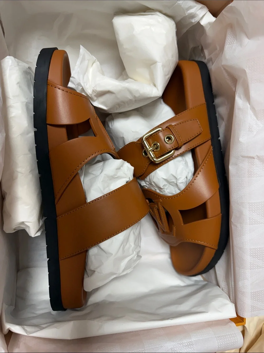 Authentic Louis Vuitton Brown Leather LV Logo Slide Sandals with Gold Buckle